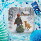 Christmas Boy In Snowflakes With Pine Tree and Dog Papieren Bordje (Feest)