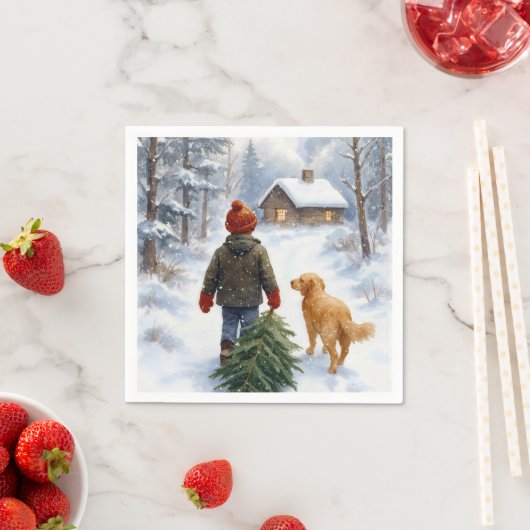 Christmas Boy In Snowflakes With Pine Tree and Dog Servet (Insitu)