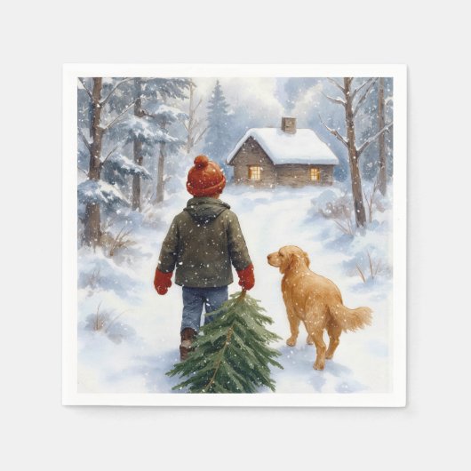 Christmas Boy In Snowflakes With Pine Tree and Dog Servet (Voorkant)