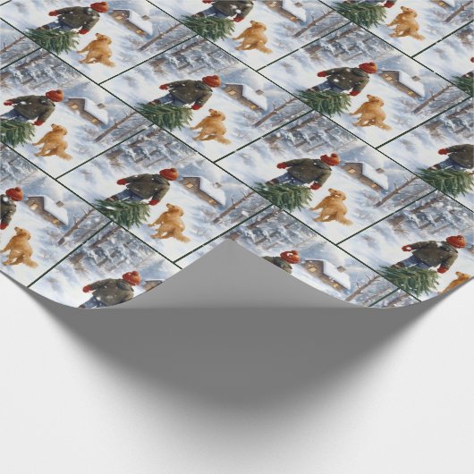 Christmas Boy With Pine Tree and Dog Cadeaupapier (Hoek)