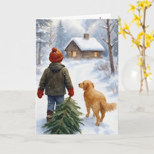Christmas Boy With Pine Tree and Dog Kaart (Gele Bloem)