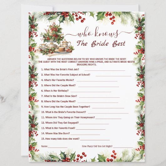 Christmas Bridal Shower who knows the bride Games (Voorkant)