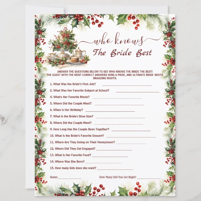 Christmas Bridal Shower who knows the bride Games (Voorkant)