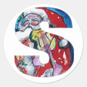 CHRISTMAS-BRIEF / SANTA MET VIOLIN MONOGRAM RONDE STICKER