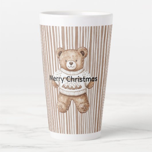 Christmas Brown Cream Teddy Bear Stripes Latte Mok (Voorkant)