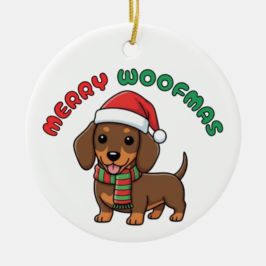 Christmas Brown Dachshund Ornament: Merry Woofmas Keramisch Ornament (Voorkant)