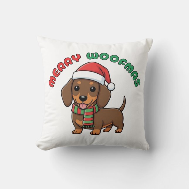 Christmas Brown Dachshund Pillow: Merry Woofmas Kussen (Voorkant)