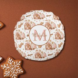 Christmas Brown Gingerbread House Roze Bomen Rond Kussen