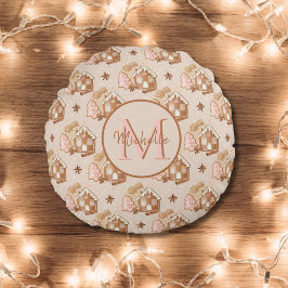 Christmas Brown Gingerbread House Roze Bomen Rond Kussen