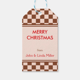 Christmas Brown Retro Checker Patroon Cadeaulabel