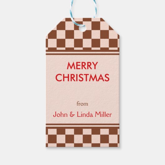 Christmas Brown Retro Checker Patroon Cadeaulabel (Voorkant)