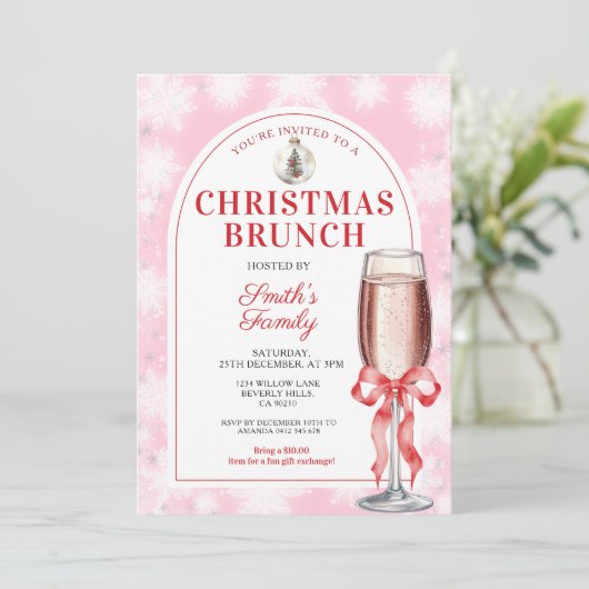 Christmas Brunch Party Red Bow Wine Pink Gingham Kaart (Staand voorkant)
