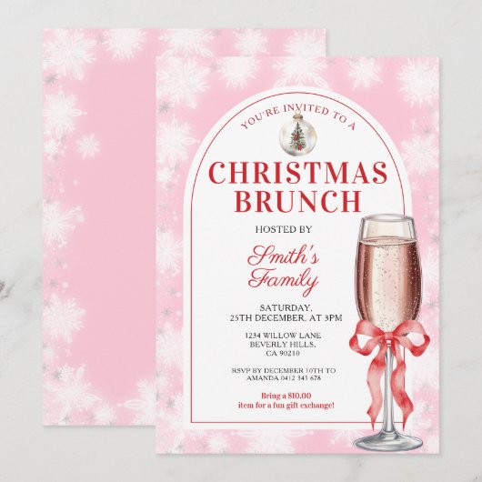 Christmas Brunch Party Red Bow Wine Pink Gingham Kaart (Voorkant / Achterkant)
