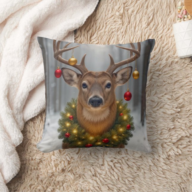 Christmas Buck Wearing a Glowing Wreath Kussen (Deken)