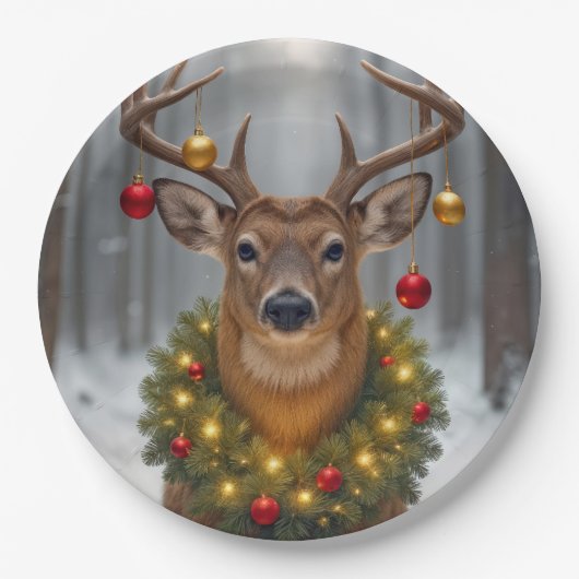 Christmas Buck Wearing a Glowing Wreath Papieren Bordje (Voorkant)