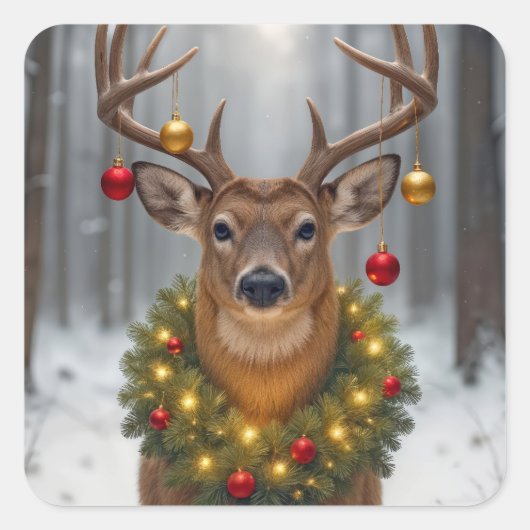 Christmas Buck Wearing a Glowing Wreath Vierkante Sticker (Voorkant)