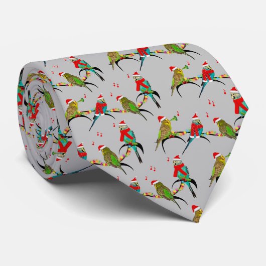Christmas Budgie Frenzy Stropdas (grijs) (Opgerold)