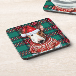 Christmas Bull Terrier Hond Red Green Plaid Vakant Bier Onderzetter