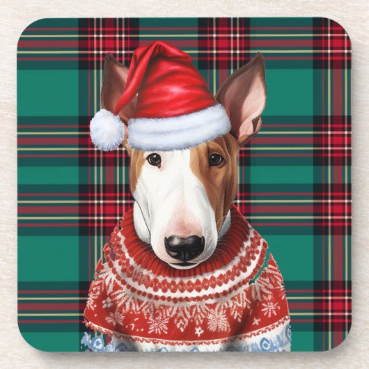 Christmas Bull Terrier Hond Red Green Plaid Vakant Bier Onderzetter (Voorkant)