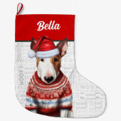 Christmas Bull Terrier met de naam Woof Achtergron Grote Kerstsok (Voorkant)