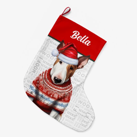 Christmas Bull Terrier met de naam Woof Achtergron Grote Kerstsok (Voorkant (Hangend))