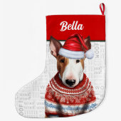 Christmas Bull Terrier met de naam Woof Achtergron Grote Kerstsok (Achterkant)