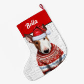 Christmas Bull Terrier met de naam Woof Achtergron Grote Kerstsok (Achterkant (Hangend))