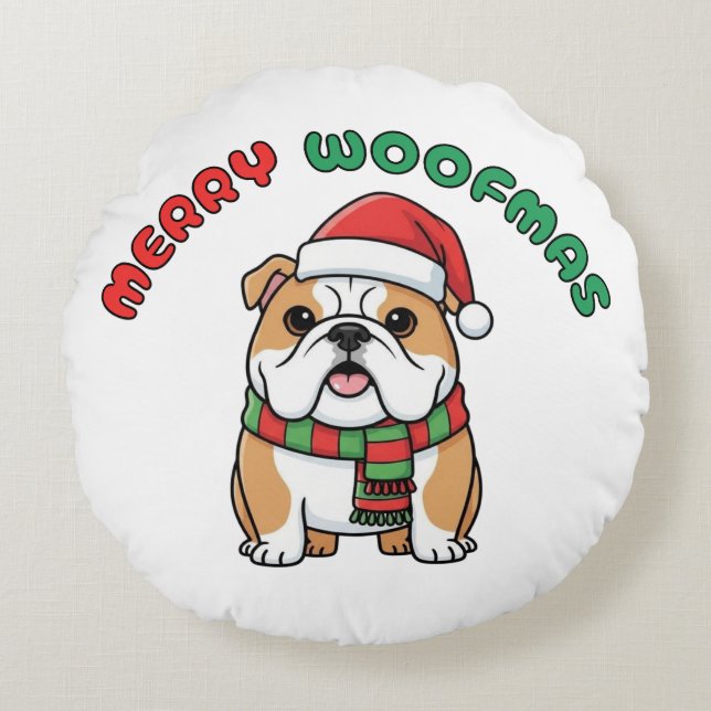 Christmas Bulldog Round Pillow: Merry Woofmas Rond Kussen (Voorkant)