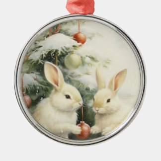Christmas Bunnies Tree Family Metalen Ornament