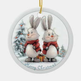Christmas Bunny and gift, personalized Keramisch Ornament