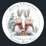 Christmas Bunny and gift, personalized Ronde Sticker<br><div class="desc">Knobbelsteen,  Christmas Bunny and Snowflake,  watercolor,  personalized</div>