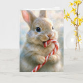 Christmas Bunny Rabbit Nibbling On a Candy Cane Kaart (Gele Bloem)