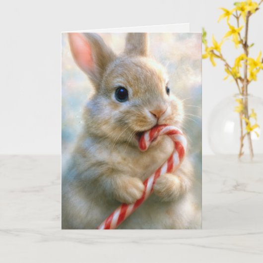 Christmas Bunny Rabbit Nibbling On a Candy Cane Kaart (Gele Bloem)
