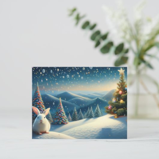 Christmas Bunny with Decorated Christmas Tree Feestdagenkaart (Staand voorkant)