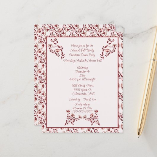 Christmas  Burgundy Floral Scandinavian Folk Art  (Voorkant / Achterkant in situ)