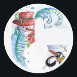 CHRISTMAS C BRIEF, PENGUIN'S SERENADE MONOGRAM RONDE STICKER<br><div class="desc">C vet initiaal alfabet letter met snowman en pinguin.Colorful,  whimsical,  grappig pastelschilderij in helder rood,  geel,  wit,  blauw op com</div>