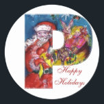 CHRISTMAS C BRIEF / SANTA MET GIFTS MONOGRAM RONDE STICKER<br><div class="desc">C initiaal letter bold kerstmonogram ontwerp. Kleurrijk,  fris en artistiek acrylschilderij voor Kerstmis. Santa Claus,  sneeuwwinternacht met bloemige ornamenten,  groene decoratieve planten,  holly bessen,  paddenstoelen,  poppen en speelgoed in de sneeuw door Bulgan Lumini (c) com</div>