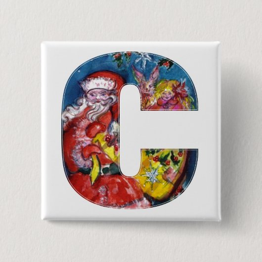 CHRISTMAS C BRIEF / SANTA MET GIFTS MONOGRAM VIERKANTE BUTTON 5,1 CM (Voorkant)