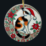 Christmas Calico Cat Santa Keramisch Ornament<br><div class="desc">Kerst Calico Cat Santa calicos katten "kerst kat" "kerst calico"</div>