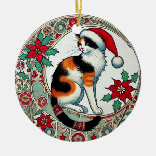 Christmas Calico Cat Santa Keramisch Ornament