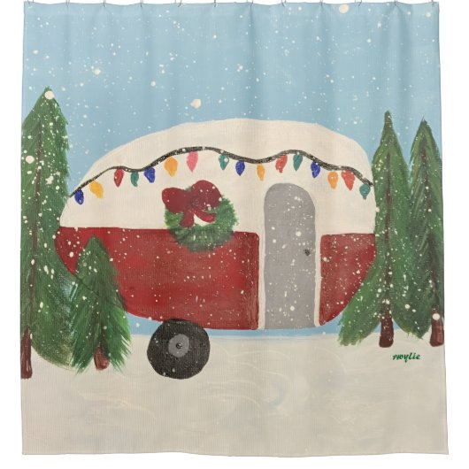 Christmas Camping Trailer Douchegordijn (Voorkant)