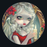 "Christmas Candle" Sticker<br><div class="desc">De titel is de kerstkaars - misschien mijn favoriete kerstschilderij die ik al heb gemaakt! Het is prachtig - een angelisch schepsel dat een kaars kruipt met tuinen van poinsettias en andere vakantiehoopla over haar. Ik hou ervan! Mijn eigen originele acrylschilderij.</div>