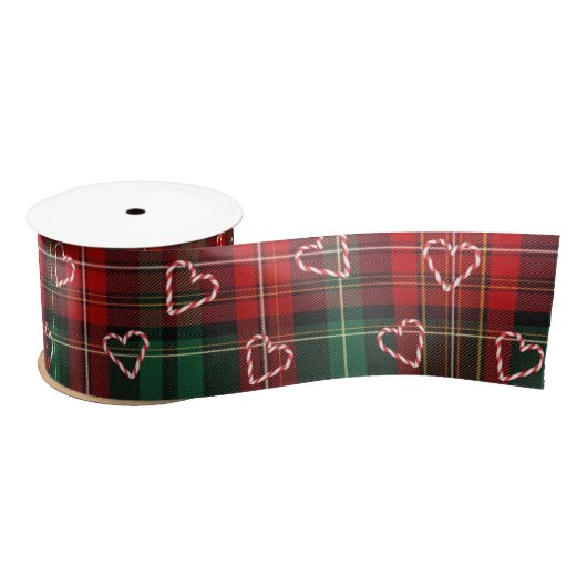 Christmas Candy Cane Hearts On Tartan Plaid Satijnen Lint (Spoel)