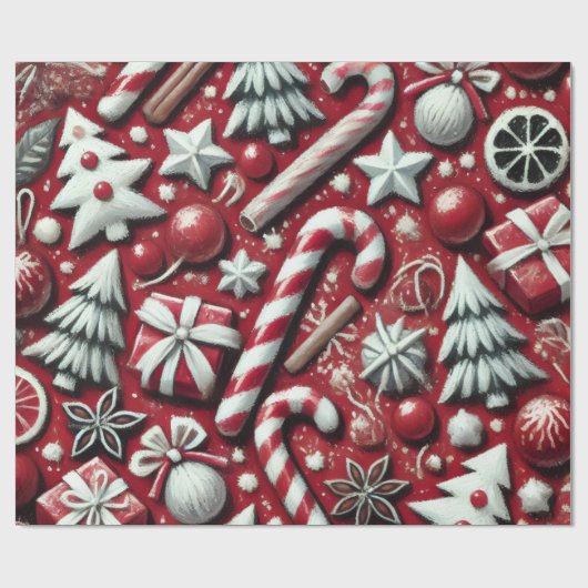 Christmas Candy Cane Tree Presents Red Decoupage Cadeaupapier (Vlak)