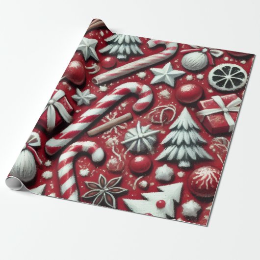 Christmas Candy Cane Tree Presents Red Decoupage Cadeaupapier (Uitgerold)