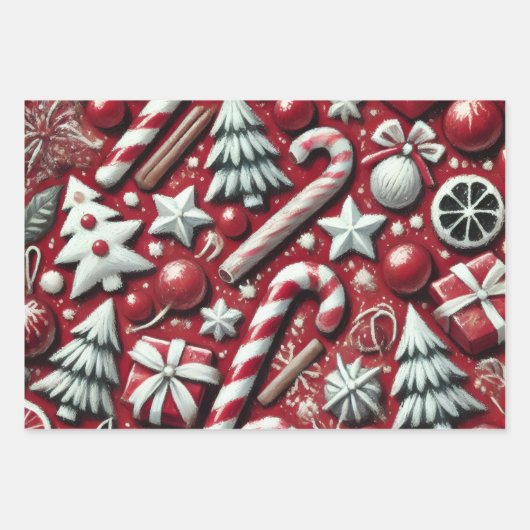 Christmas Candy Cane Tree Presents Red Decoupage Inpakpapier Vel (Voorkant 2)