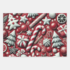Christmas Candy Cane Tree Presents Red Decoupage Inpakpapier Vel