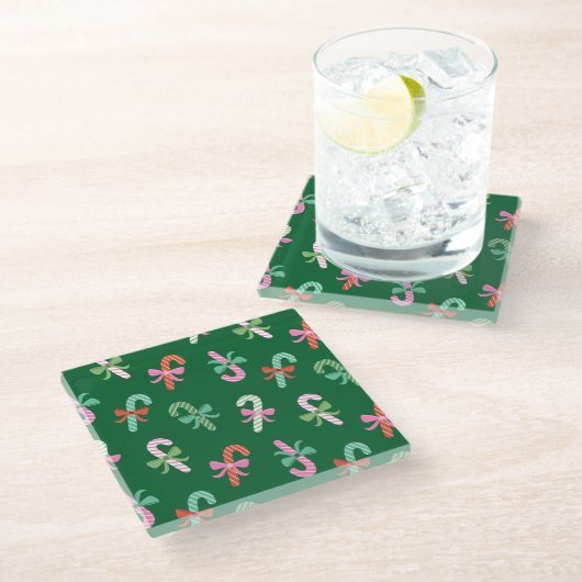 Christmas Candy Canes with Bows - Green Coaster Glazen Onderzetter (Schuin)