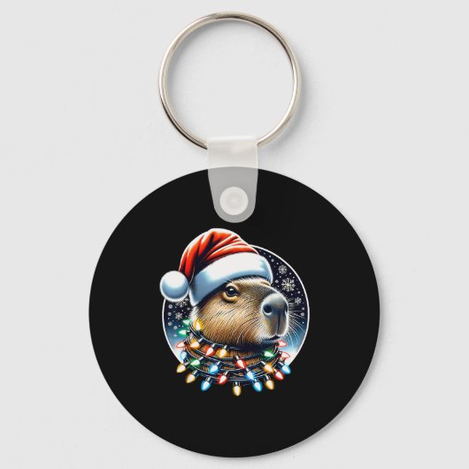 Christmas Capybara Santa Hat Xmas Lights Men Women Sleutelhanger (Voorkant)
