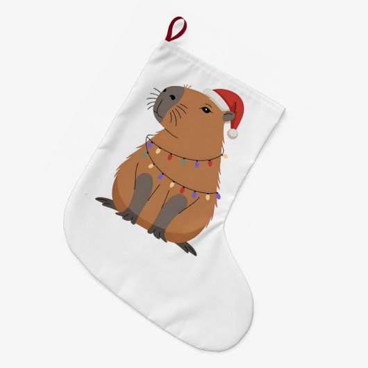 Christmas Capybara With Santa Hat Xmas Lights Grote Kerstsok (Voorkant (Hangend))